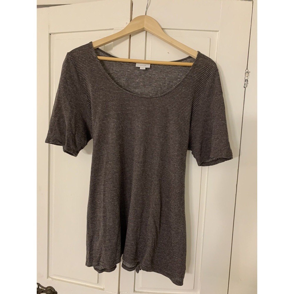 Pure Jill Top Women's Large Linen Blend Gray Stripe Minimalist Tie Lagenlook‎